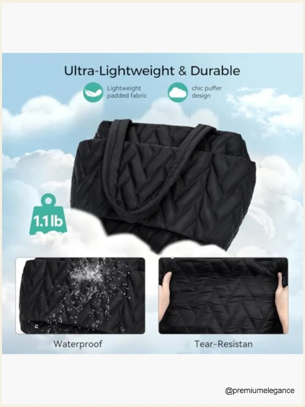 Puffer Tote Bag for Women, Quilted Lightweight Shoulder Bag, Work Travel Gym